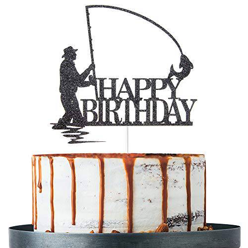 Black Glitter Happy Birthday Cake Topper, Birthday Party Decorations, Fishing Cake Topper, Fisherman Birthday Party Supplies