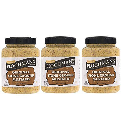 Plochman’s Natural Stone Ground Craft Mustard, Classic Coarse Texture, 9 Ounce Jar, 3-Pack