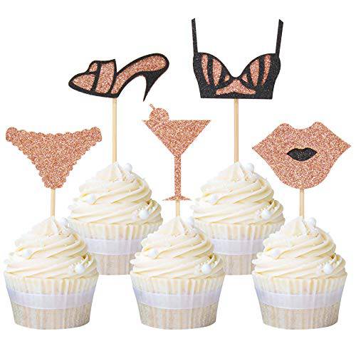 Ercadio High Heel Underpants Bra Lips Cupcake Toppers Glitter Cupcake Topper Food Picks Bachelorette Birthday Party Supplies 20 Pack Rose Gold