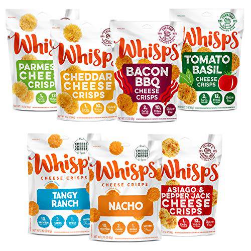 Whisps Cheese Crisps - Cheese Snacks, Keto Snacks, 21-29g of Protein Per Bag, Low Carb, Gluten & Sugar Free, Great Tasting Healthy Snack, All Natural Cheese Crisps -Variety, 2.12 Oz (Pack of 7)