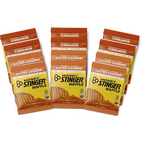 Honey Stinger Gluten Free Organic Waffles – Variety Pack With Sticker – 12 Count – Energy Source for Any Activity – Salted Caramel & Cinnamon - 6 of Each Flavor