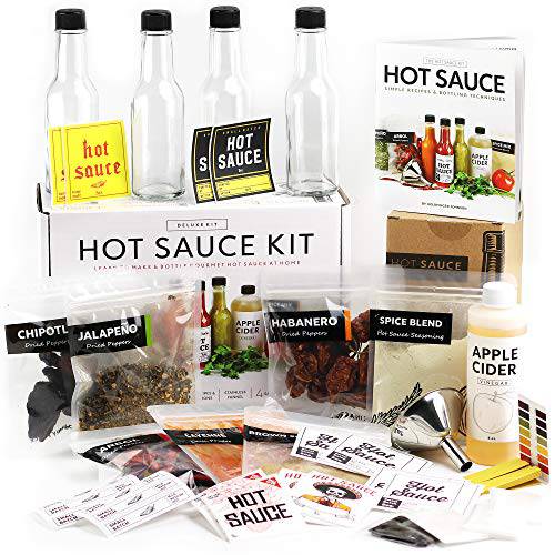 Deluxe Hot Sauce Making Kit, 3 Varieties of Chili Peppers, Gourmet Spice Blend, 3 Bottles, 11 Fun Labels, Make your own sauce, Fun DIY Gift For Dad, Brother, Uncle. (Deluxe Kit)