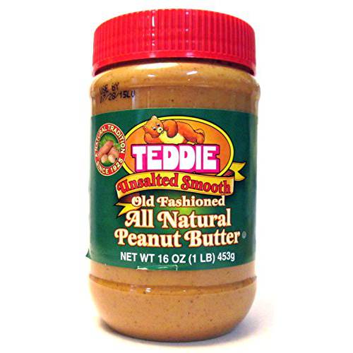 Teddie All Natural Peanut Butter, Unsalted Smooth 1pk, Gluten Free & Vegan, 16 Ounce (Unsalted Smooth, Pack of 1)