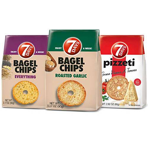 7Days Bagel Chips, Variety 12 Pack: 4 Garlic, 4 Everything, 4 Sea Salt Gourmet Crackers, Non-GMO Baked Snack (3.17oz, Pack of 12)