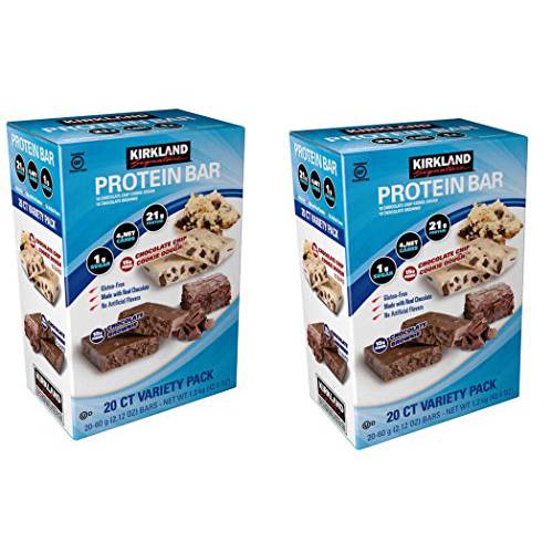 Kirkland Signature Variety Protein Bars 20 count, 21G Of Protein, 4G Of Carbs and 1G Of Sugar, Chocolate Brownie and Chocolate Chip Cookie Dough, 2 Boxes
