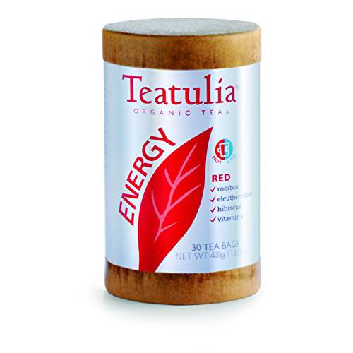 Teatulia Organic Energy Red Rooibos + Hibiscus 180 Tea Bags | 6 Canisters x 30 Paper Square Tea Bags | Plant Powered Energy Drink with Adaptogenic Ayurvedic Eleuthero Root (Siberian Ginseng) |Brew Hot or Iced Tea | Keto Coffee Replacement