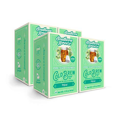 Southern Breeze Cold Brew Sweet Tea Mint Iced Tea with Black Tea and Zero Carbs Zero Sugar, 20 Individually Wrapped Tea Bags, Pack of 4