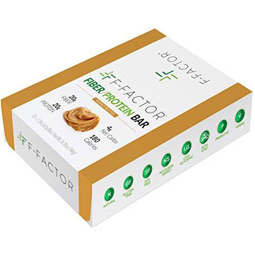 F-Factor® Peanut Butter Fiber Protein Bar, High Fiber, High Protein, Low Carb, Gluten Free, Low Sugar, Vegan, Soy Free, Natural, Keto Friendly, Healthy & Convenient Snack, 12 Count