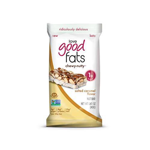 Love Good Fats Keto Protein Snack Bars - Chewy Nutty Salted Caramel with Almonds and White Chocolate - 15g Good Fats, 9g Protein, 5g Net Carbs, 2g Sugar, Gluten-Free, Non GMO, 12 Pack