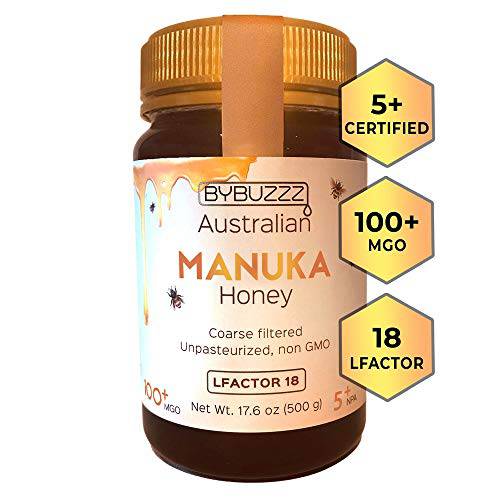 By Buzzz Raw Manuka Honey Organic MGO 100+, Non-GMO Unfiltered Certified Australian Manuka Honey Superfood 17.6 oz JUMBO PET jar