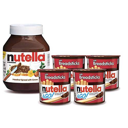 Nutella and Nutella & Go, Chocolate Hazelnut Spread Snack Packs with Breadsticks and Nutella Jar, Perfect Basket Stuffers and Toppings for Easter Treats, 4 packs, 1- 35.3 oz jar