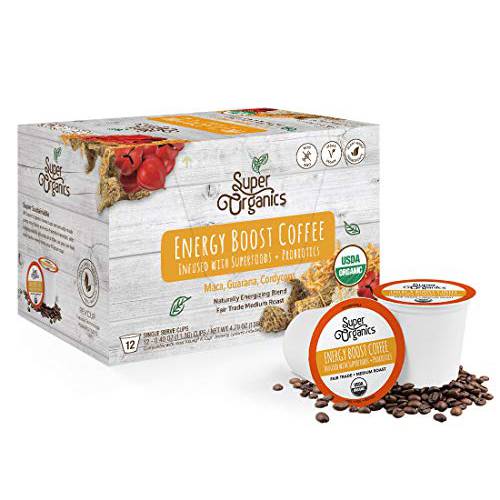 Super Organics Energy Boost Coffee Brew Cups with Superfoods & Probiotics Keurig K-Cup Compatible Energizing, Stamina Medium Roast, USDA Certified Organic, Vegan, Non-GMO & Fair Trade, 10ct