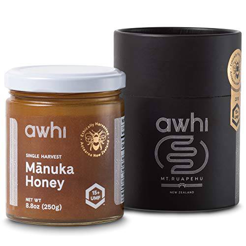 Awhi Certified UMF15+ (MGO514+) Single Harvest Raw Manuka Honey – more potent to boost everyday health & wellness. . Ethically Harvested Superfood. Super Premium Grade Unpasteurized Monofloral Honey from New Zealand . 8.8oz Jar