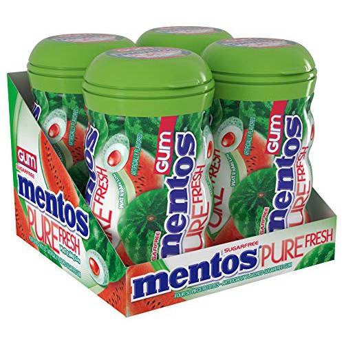 Mentos Pure Fresh SugarFree Chewing Gum with Xylitol , Candy Bulk, Watermelon, 50pc Bottle (Pack of 4)