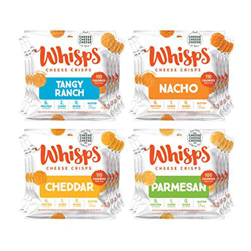 Whisps Cheese Crisps - Parmesan, Nacho, Ranch, & Cheddar Cheese Snacks, Keto Snacks, 6-9g of Protein Per Bag, Low Carb, Gluten & Sugar Free, Great Tasting Healthy Snack, All Natural Cheese Crisps, Cheese Snack Packs - Variety, 0.63 Oz (Pack of 24)