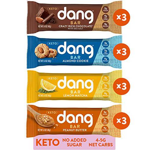 Dang Keto Bar | 4 Flavor Variety | 12 Pack | Keto Certified, Vegan, Low Carb, Low Sugar, Plant Based, Non GMO, Gluten Free Snacks | 4-5g Net Carbs, 9g Protein, No Added Sugars
