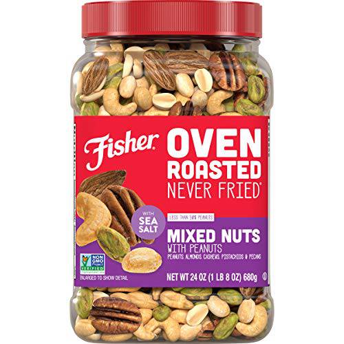 Fisher Snack Oven Roasted Never Fried Mixed Nuts with Peanuts, 24 Ounces, Peanuts, Almonds, Cashews, Pistachios, Pecans, Made With Sea Salt, Non-GMO, No Oils, Artificial Ingredients or Preservatives