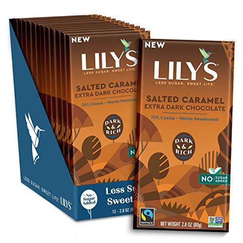 Extra Dark Salted Caramel Chocolate Bar by Lily’s | Made with Stevia, No Added Sugar, Low-Carb, Keto Friendly | 70% Cocoa | Fair Trade, Gluten-Free & Non-GMO | 2.8 ounce, 12-Pack