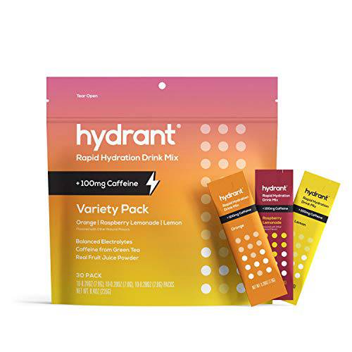 Hydrant Energy 30 Stick Pack, Caffeine & L-Theanine Rapid Hydration Mix, Electrolyte Hydration Powder Packets with Zinc (Variety, 30 Count (Pack of 1))