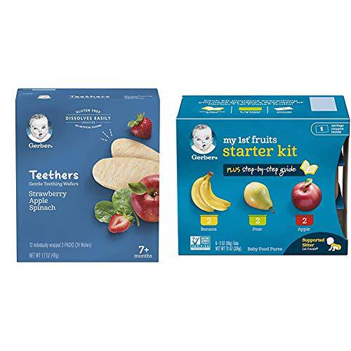 Gerber Teethers Gentle Teething Wafers - Strawberry Apple Spinach, 6 Count & Purees My 1st Fruits Starter Kit, 2 Ounce Tubs, Box of 6 (Pack of 2)