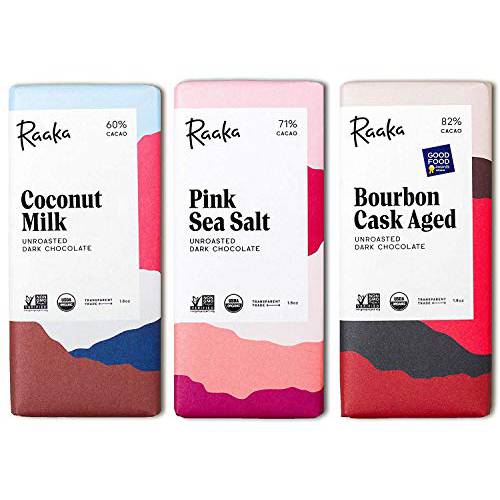 Raaka Chocolate Best Sellers Trio | Gourmet Dark Chocolate Gift| Organic, Vegan, Fair Trade, Soy Free, Non-GMO, Gluten Free, Kosher | 1.8oz Bars, 3-Pack