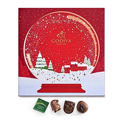Godiva Chocolatier Holiday 2022 Red Advent Calendar – Snow Globe Gift Box with Assorted Dark, Milk and White Chocolates – 24 Piece Christmas Countdown - Unique Gift for Chocolate Lovers