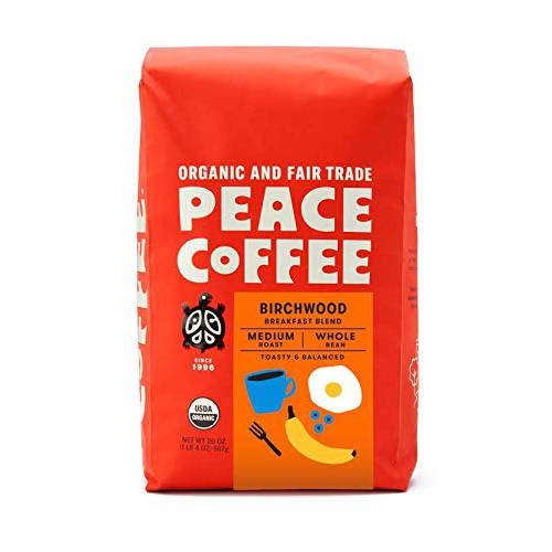 Peace Coffee Birchwood Breakfast Blend, Medium Roast (Sumatra & Peru Origins) Organic Fair Trade Coffee, Whole Bean 20 oz. Bag