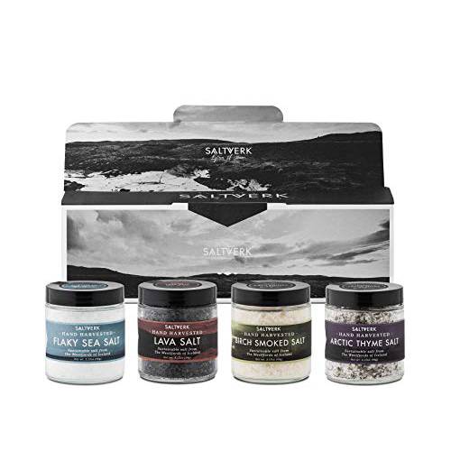 Saltverk Gift Box w/Arctic Thyme salt + Birch Smoked salt +Lava salt + Pure salt, [3,17 oz x 4] | Icelandic flavoured salts | All natural | Sustainable | Gluten Free | Unrefined | Keto | Eco