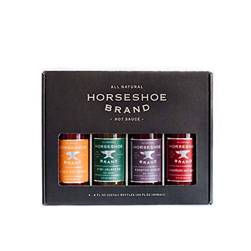 Hot Sauce Variety Pack by Horseshoe Brand, Plant Based, Gluten Free, Gourmet, 4 Pack of Artisan 8OZ Bottles of Hot Sauce