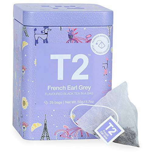 T2 French Earl Grey Black Tea, Black Tea Bags in Limited Edition Tin, 25Count