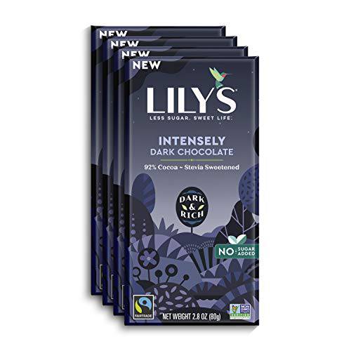 Intensely Dark Chocolate Bar by Lily’s | Stevia Sweetened, No Added Sugar, Low-Carb, Keto Friendly | 92% Cocoa | Fair Trade, Gluten-Free & Non-GMO | 3 ounce, 4-Pack