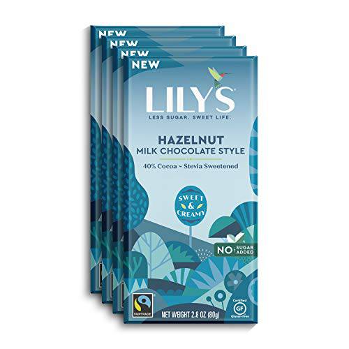 Hazelnut Milk Chocolate Style Bar by Lily’s | Made with Stevia, No Added Sugar, Low-Carb, Keto Friendly | 40% Cocoa | Fair Trade, Gluten-Free & Non-GMO Ingredients | 3 ounce, 4-Pack
