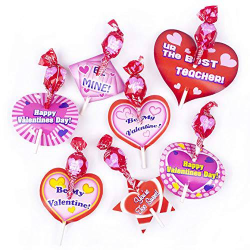 Valentines Day Candy Lollipops -25 Count with Heart Card stands - Happy valentines day So sweet Be mine HI Cutie xxx Good Friend True Love etc,