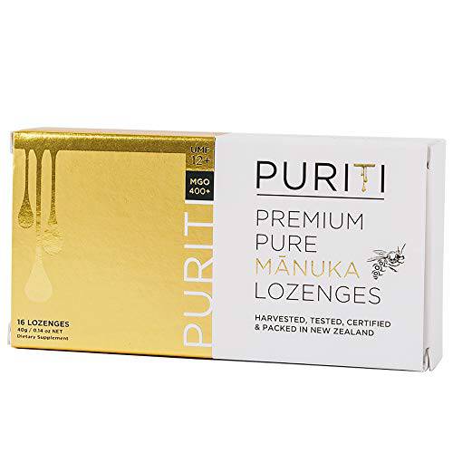 PURITI Premium Manuka Honey Lozenges - Genuine Sugar Free New Zealand Raw Manuka Honey Soothers for Coughs & Sore Throats - UMF Certified MGO 400+ UMF12+ (16 Pack)