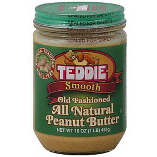 Teddie All Natural Peanut Butter, Smooth 3pk, Gluten Free & Vegan, 16 Ounce Glass (Smooth, Pack of 3)