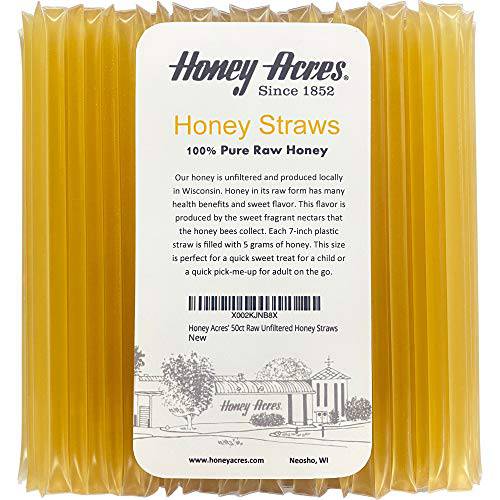 Honey Acres’ Raw Unfiltered Honey Straws - USA Honey Sticks (Clover, 50 Count)