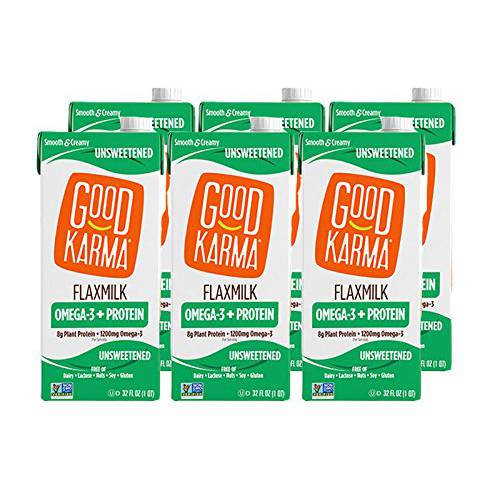 Good Karma Unsweetened Flaxmilk +Protein, 32 Ounce (Pack of 6), Plant-Based Non-Dairy Milk Alternative with 8g Plant Protein, Lactose Free, Vegan, Shelf Stable