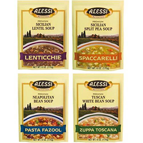 Alessi Athentic Italian Soup Mix 4 Flavor Variety Bundle: (1) Tuscan White Bean Soup, (1) Sicilian Lentil Soup, (1) Sicilian Split Pea Soup, and (1) Neapolitan Bean Soup, 4-6 Oz Ea