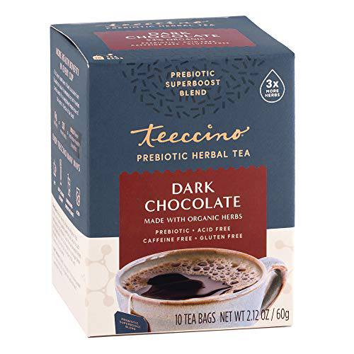 Teeccino Prebiotic SuperBoost™ Herbal Tea – Dark Chocolate – Support Your Probiotics with Vegan GOS & Organic XOS For Good Gut Health and Regularity, Digestive Chocolate Tea, 10 Tea Bags