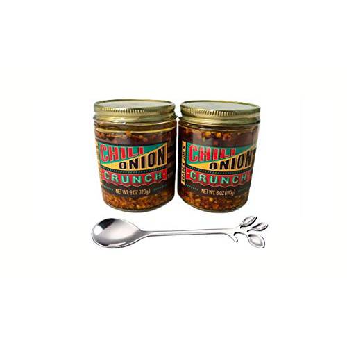 Trader Joes Chili Onion Crunch, Pack of 2, with foliage serving spoon
