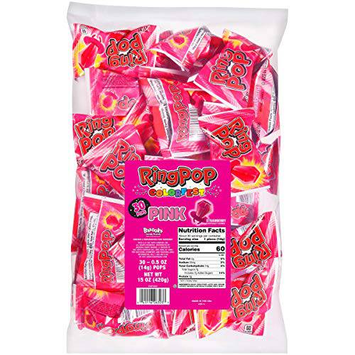 Ring Pop Colorfest Individually Wrapped Holiday Pink Strawberry Party Pack – 30 Count Strawberry Flavored Pink Candy Lollipop Suckers - Fun Pink Stocking Stuffers & Candy Gifts For The Holiday Season