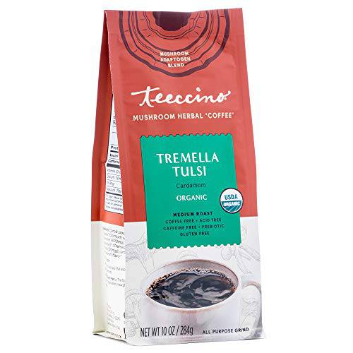 Teeccino Mushroom Adaptogen Coffee Alternative – Tremella Tulsi Cardamom – Caffeine-Free Mushroom Coffee for Beautiful Skin & Hair, Stress Relief, and Immune Support, Caffeine Free, 10 Ounce