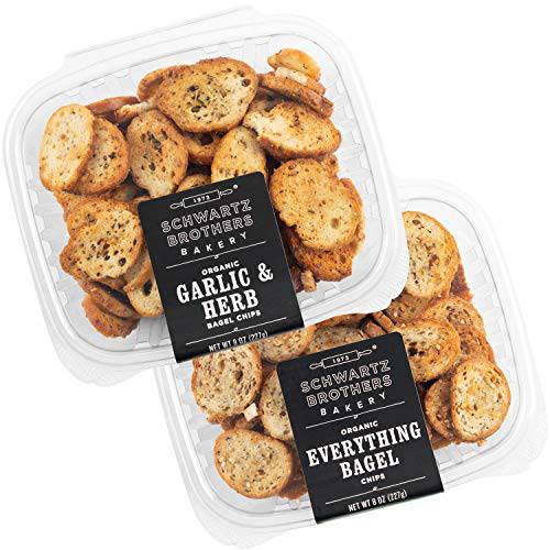 Everything & Garlic Bagel Chip Sampler, Schwartz Brothers Twice Baked, Fresh, Organic, Kosher, Artisanal, Vegan. Perfect for parties and picnics. (2 pack / 8 oz containers)
