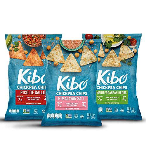 Kibo Chickpea Chips - High Protein/Fiber, Plant-Based, Cert. Gluten Free, Non-GMO, Vegan, Kosher, 3 Flavor Variety Pack, 1oz 12 pk