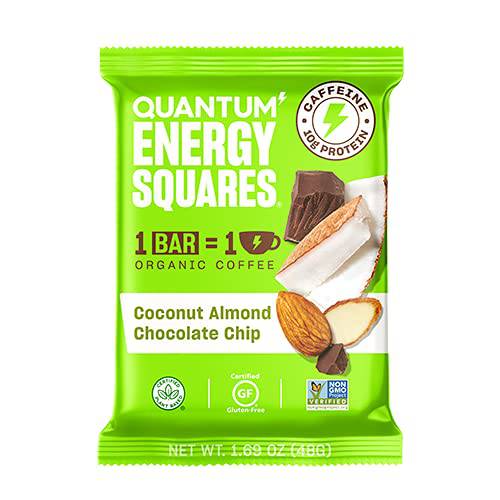 QUANTUM Organic Caffeinated Energy Bars - 10g Plant Based Protein - 1 Cup of Coffee per Bar - Vegan, Gluten Free, Dairy & Soy Free - Breakfast Bars - Healthy Snacks - Coconut Almond Choc Chip - 8 Pk