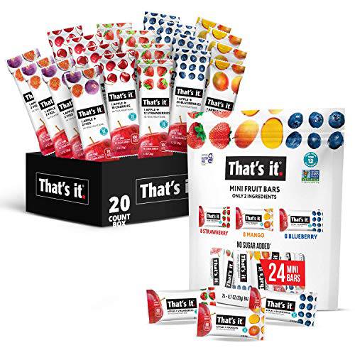 That’s it Fruit Bars Snack Gift Box (20 Pack) (Strawberry, Mango, Blueberry, Cherry & Fig Bars) With Mini Fruit Bars Variety (24 Pack) ( Blueberry, Strawberry & Mango Bars)