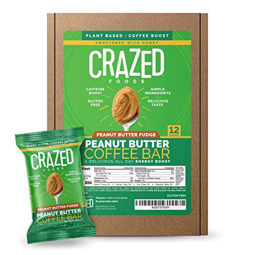 Crazed Foods, Plant-Based Peanut Butter Coffee Energy Bar, Simple Ingredients, Caffeine Boost, Soft Texture, 15g of Protein,12 Bars