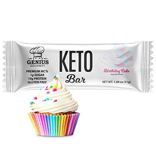 Genius Gourmet Gluten Free Keto Protein Bar, All Natural White Chocolate Keto Bars, Premium MCTs, Low Carb, Low Sugar (Birthday Cake, 12 Count (Pack of 1))
