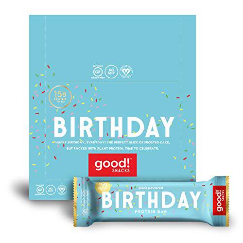 good Snacks Vegan Protein Bars, Birthday Cake Bar, Gluten Free, Plant Based, Low Sugar, High Protein Meal Replacement Bar, Guilt-Free & Nutritious Healthy Snacks for Energy, 15g Protein, Kosher, Soy Free, Non Dairy, Non GMO, Vegetarian (12 Bars)