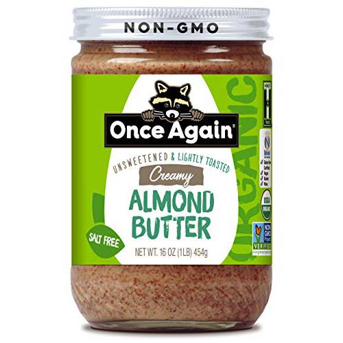 Once Again Organic Creamy Almond Butter, 16oz - Lightly Toasted - Salt Free, Unsweetened - USDA Organic, Gluten Free Certified, Peanut Free, Vegan, Kosher, Paleo - Glass Jar